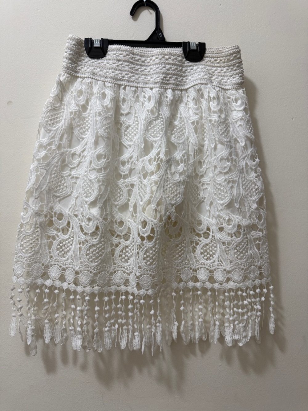 Women's White Crochet Fringe A-Line Skirt